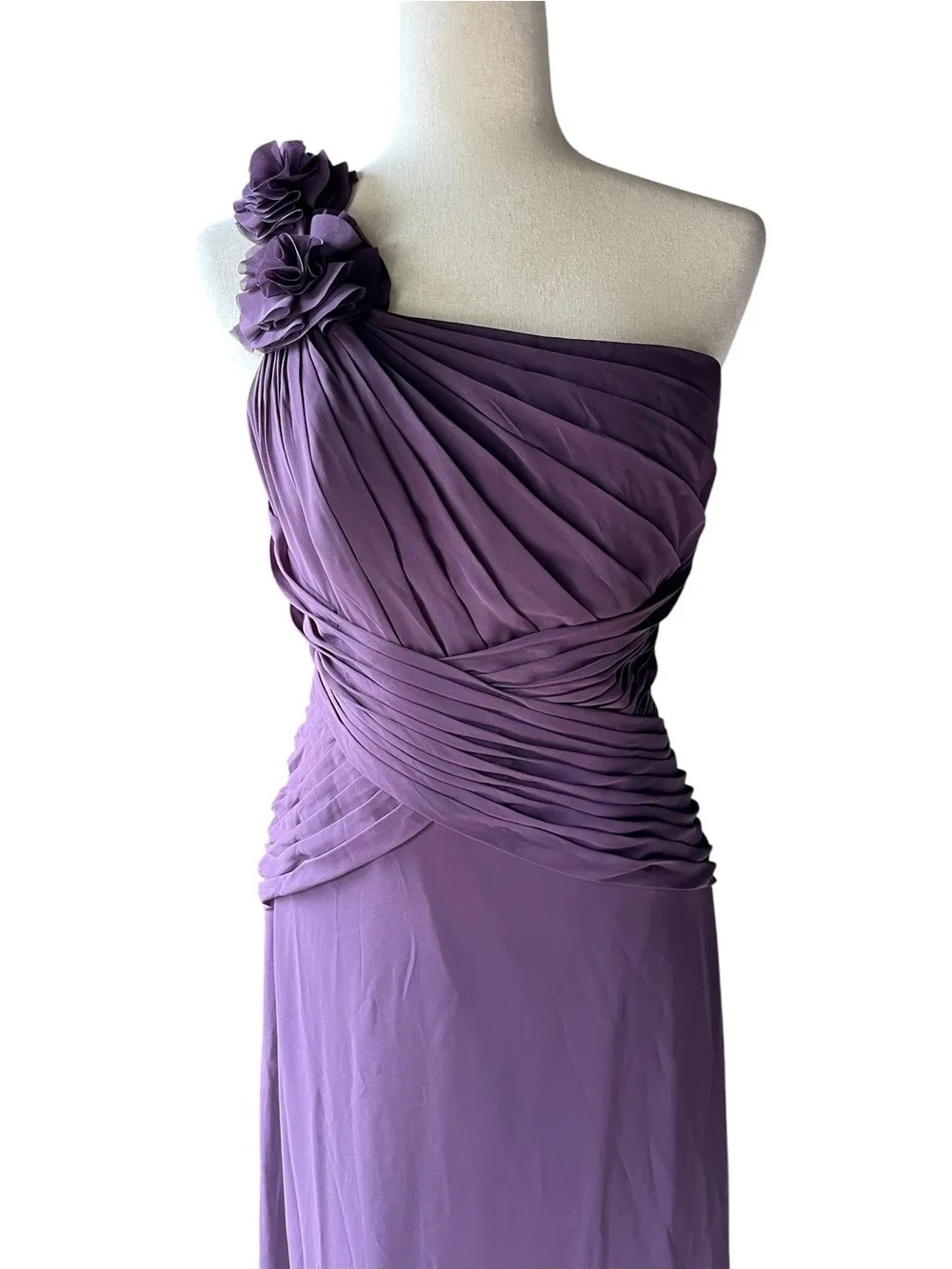 David's Bridal, One-Shoulder Lavender Pleated Gown with Floral Accent